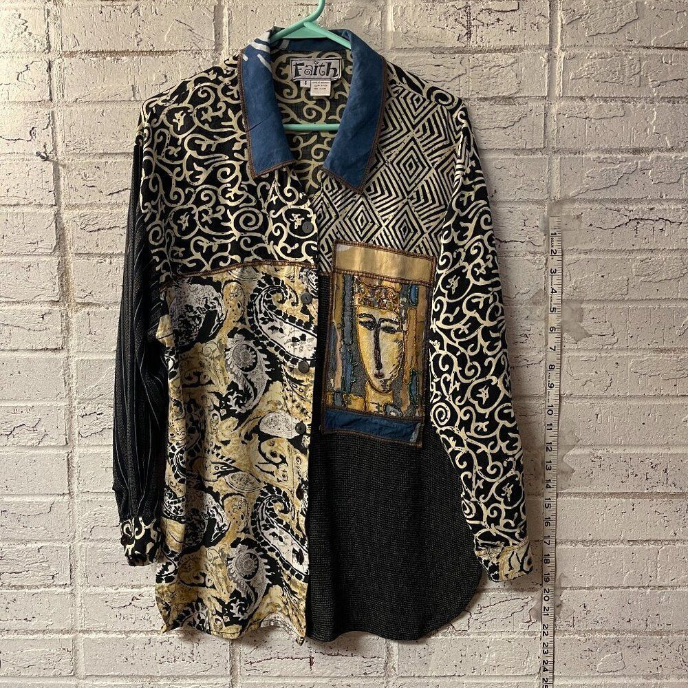 Faith by Celia Forrester Modern Abstract Pattern Patch Boho Blouse Small